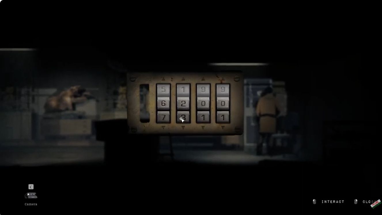 Close-up of the gun locker four-dial combination lock while the player changes its digits.