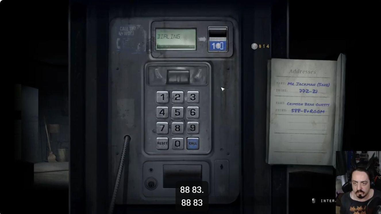 Payphone address book showing separate Mr Jackman save and Crimson Bear Guests entries.