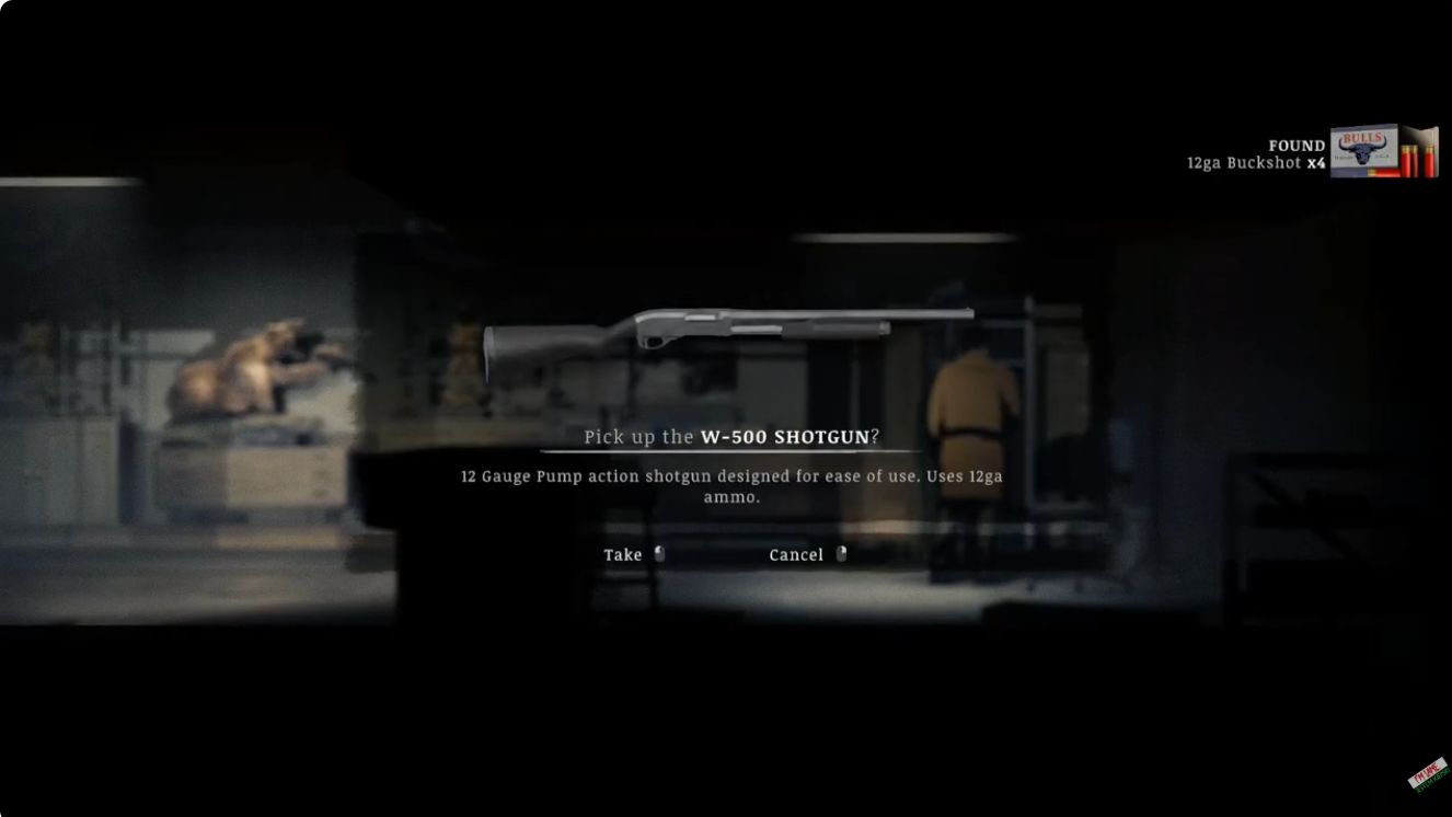 W-500 SHOTGUN pickup prompt with Take and Cancel choices in front of the open locker.